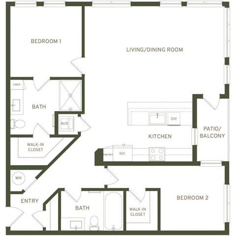 Floor plan for 2 beds, 2 baths, 1174 sqft